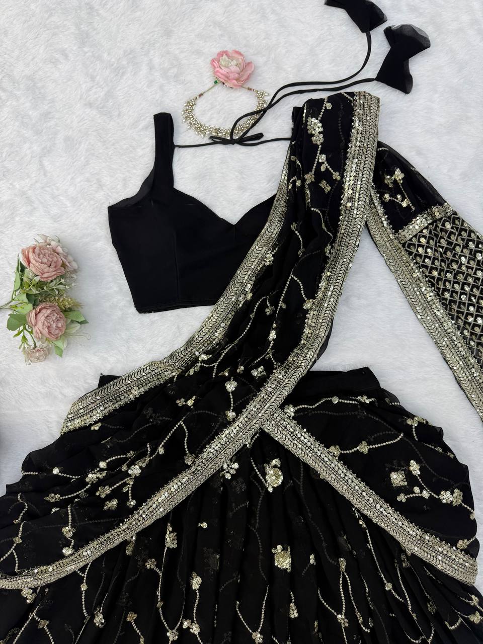 Midnight Black Georgette Lehenga Choli Adorned with Delicate Silver Floral Vine Embroidery and Scalloped Borders